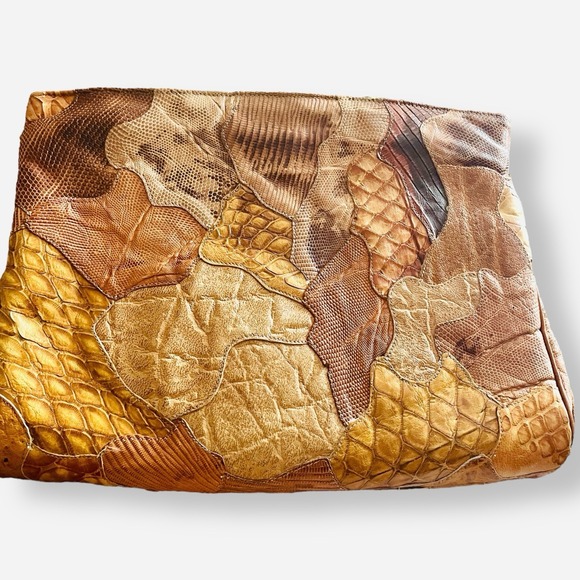 Vintage Creations By Lama Snakeskin Leather Clutch Shoulder Bag Brown Patchwork - Picture 2 of 10